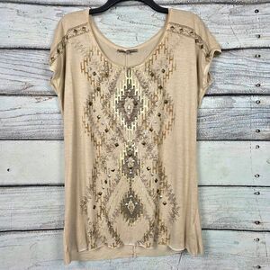 Miss Me Womens Fringe Stud Graphic Top Beige M